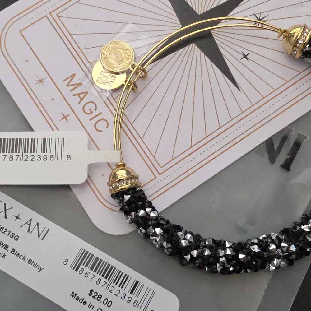 Alex and Ani Gold-Tone Bracelet with Black Silver Crystal Fine Rock EWB Bangle - Picture 2 of 7